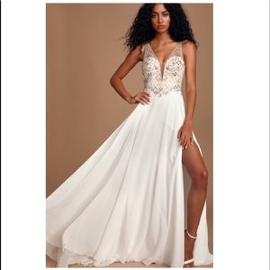 Lulu’s Forever and Ever White Beaded Lace-Up Dress